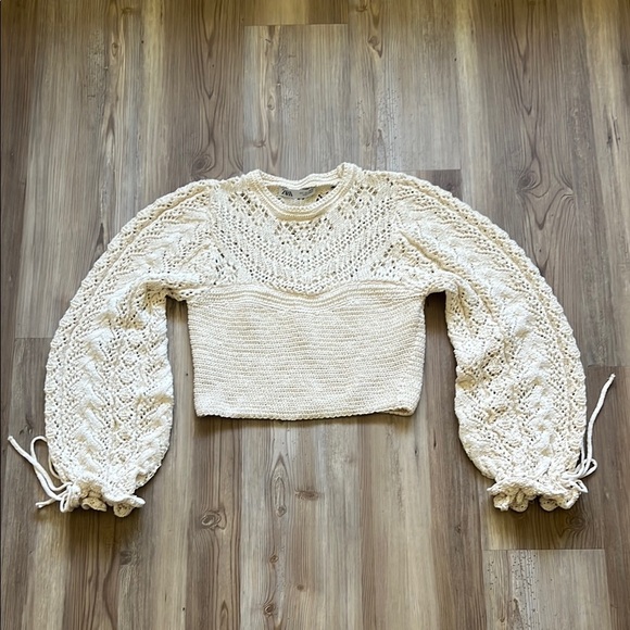 Zara Pointelle Knit Sweater Open Knit Crochet Cropped Sweater Cream Ecru NWOT - Picture 7 of 16
